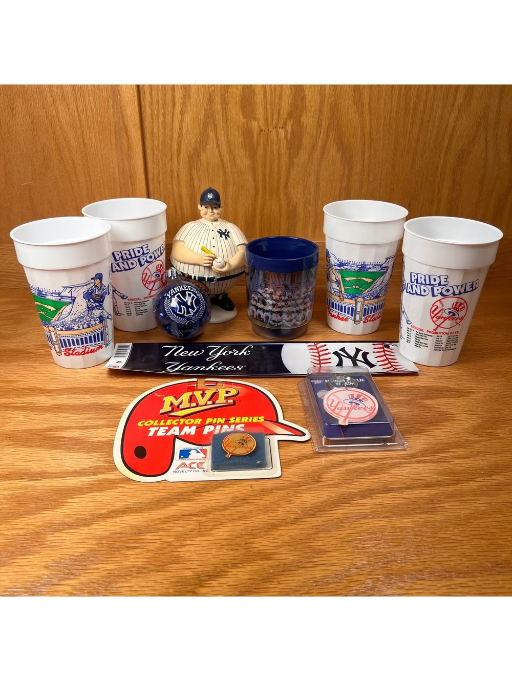 Vintage New York Yankees Collectible Set with Cups, Mug, Keychain, Pin, and Bobb